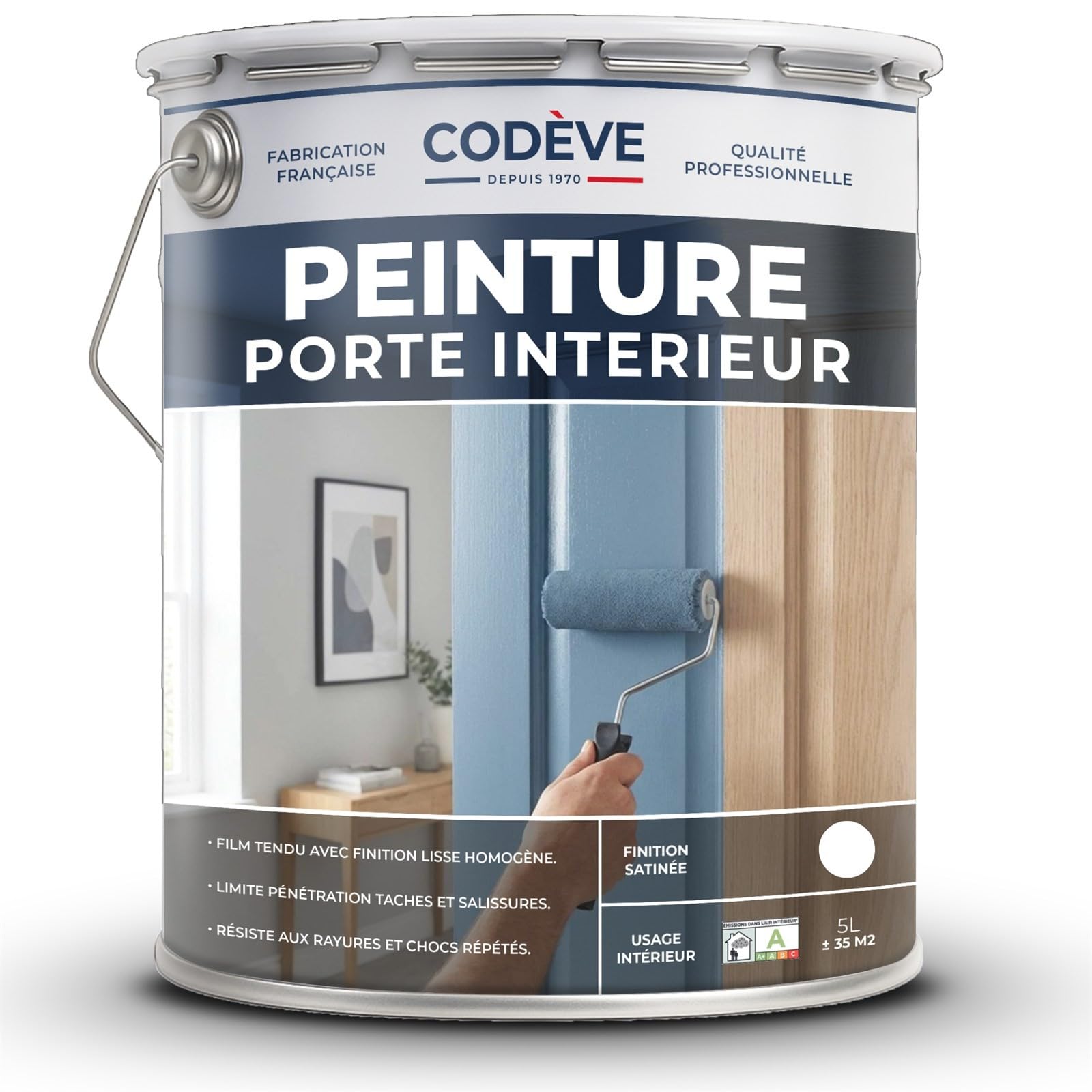 Peinture Porte Interieur - Codeve Bois/RAL 7038 - Gris agate - 5L - Intérieur - Pour La Décoration De Votre Porte En Pin, Sapin, Frêne Ou Chêne.