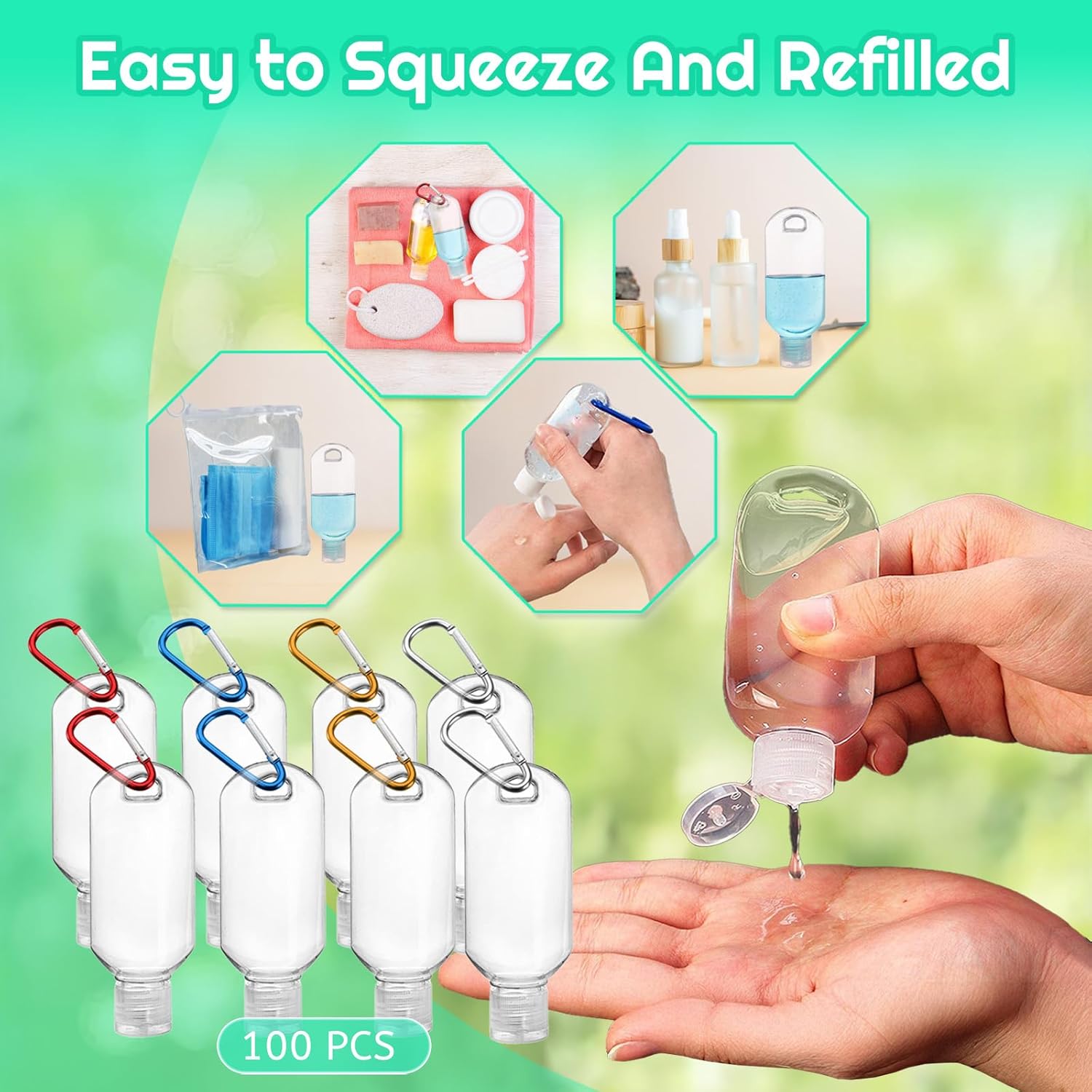100PCS Value Empty Hand Sanitizer Bottles with Keychains, 2OZ Travel Bottle with Clips, Portable Travel Size Bottle Containers for Hand Sanitizer Holder with Lid - Leak Proof, Refillable,Empty