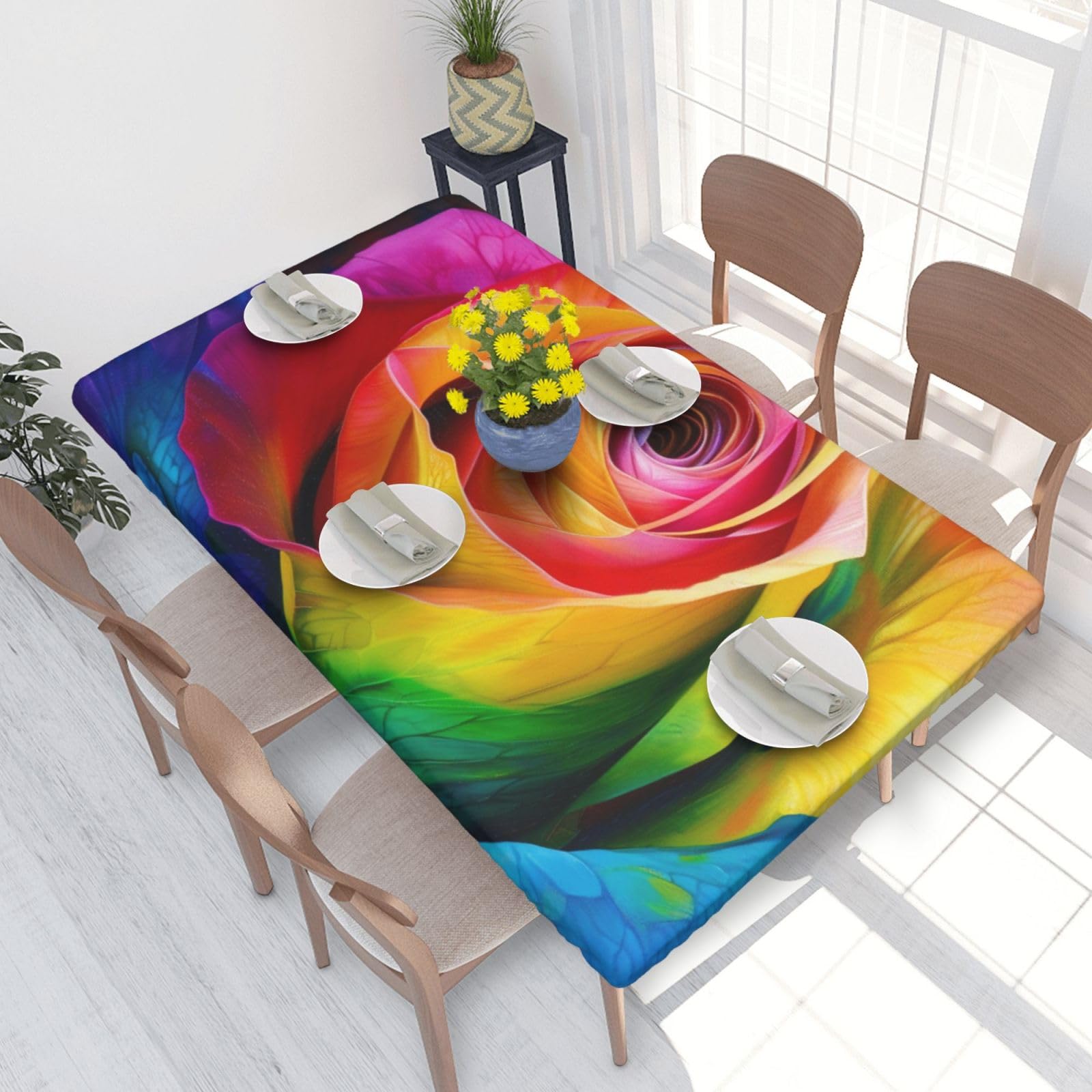WPKJU Rainbow Rose Flower Printed Tablecloths 4ft Rectangular Table Covers Washable Polyester Decorative Table Cloth for Dining Table Picnic Wedding