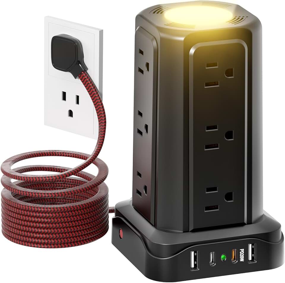 PASSUS Power Strips with Surge Protection, Flat Plug Power Strip with 12 Outlets 4 USB Ports, Charging Tower 1625W/13A 6FT Braided