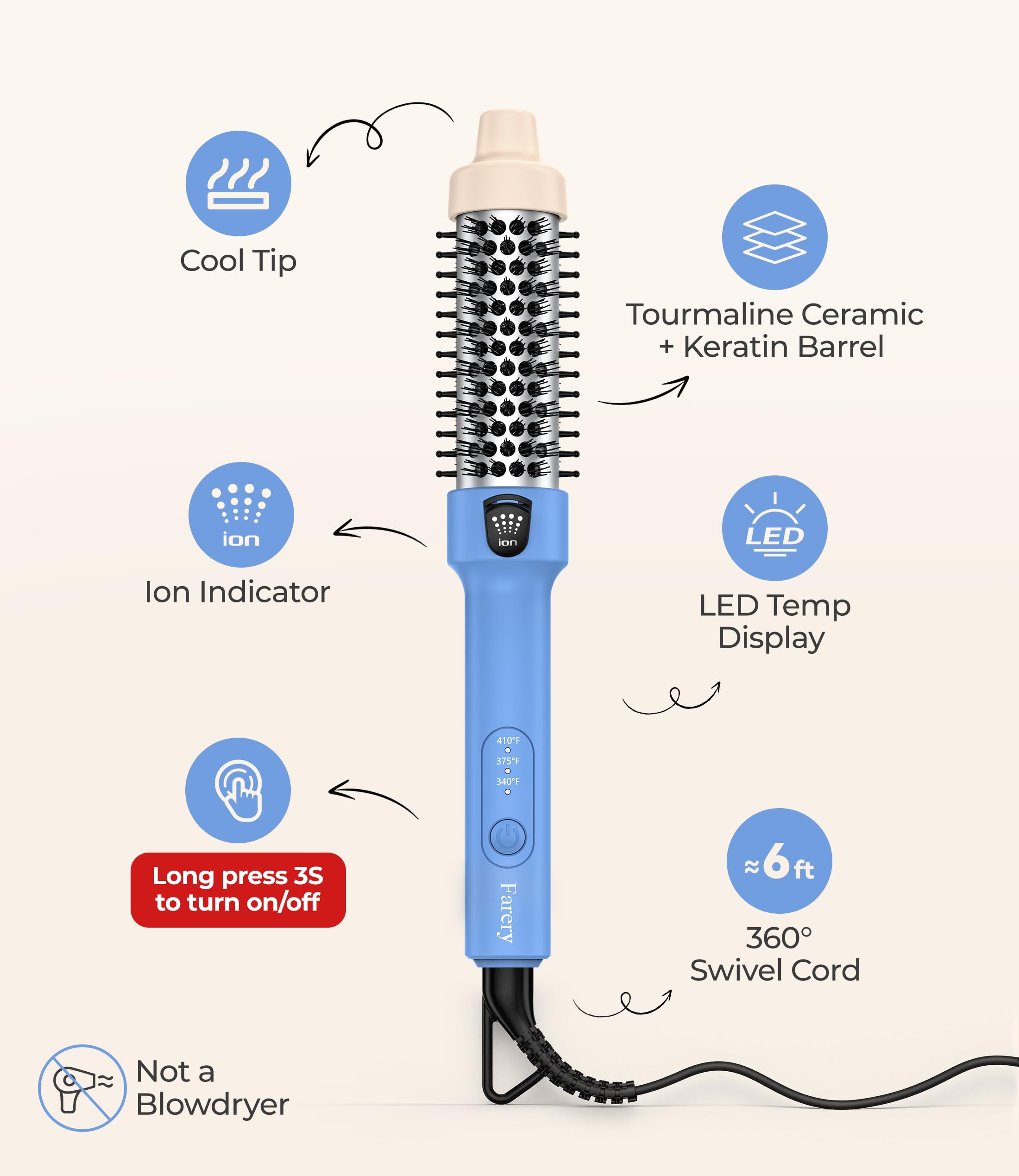 Farery Ionic Heated Styling Brush with Tourmaline Ceramic Barrel
