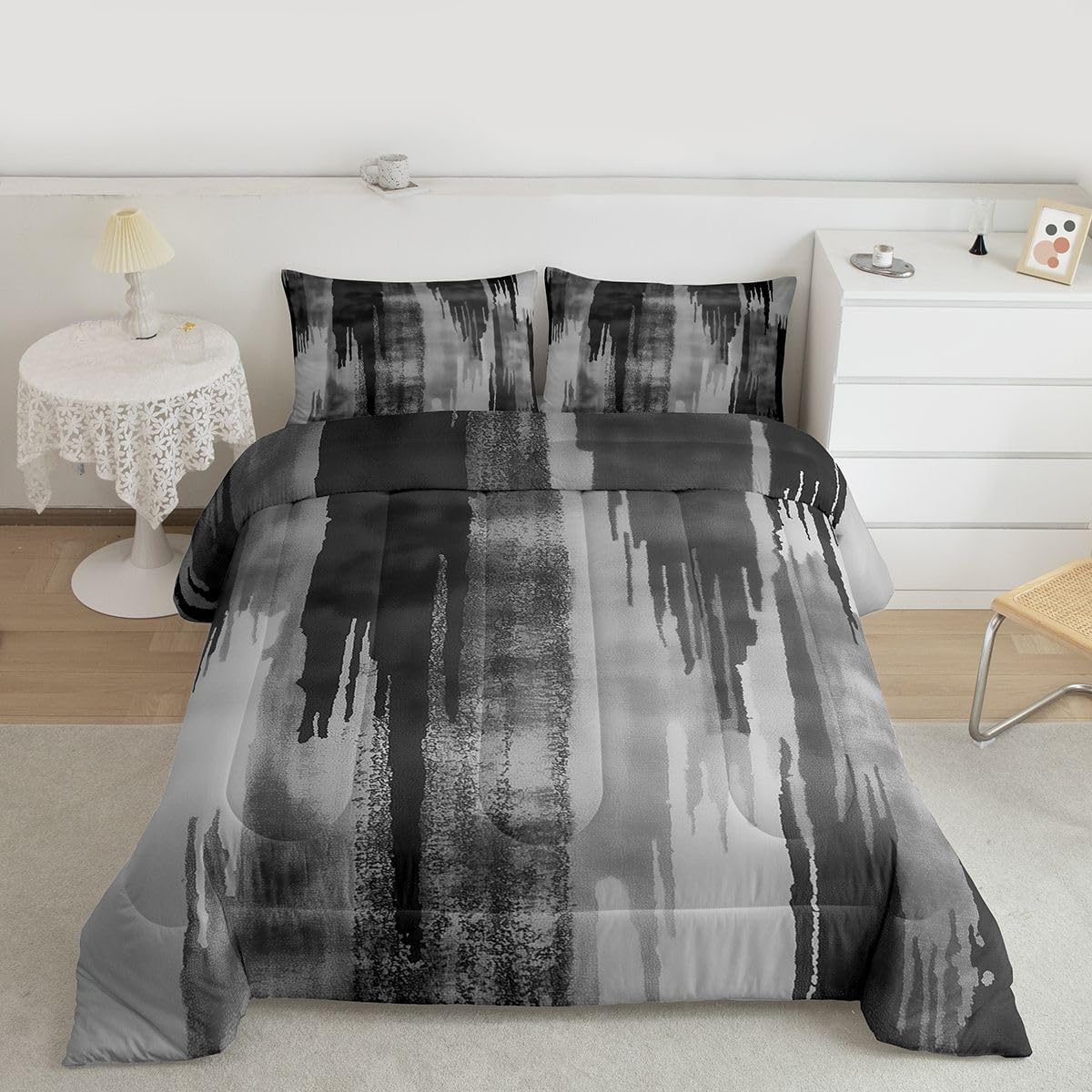 jejeloiu Black Gray Abstract Comforter Set All Season Modern Art Bedding Set 3 Splash Ink Abstract Microfiber Kids Queen Bedclothes Luxury Bedroom Decor Duvet Quilt Breathable Soft Black and Gray Queen