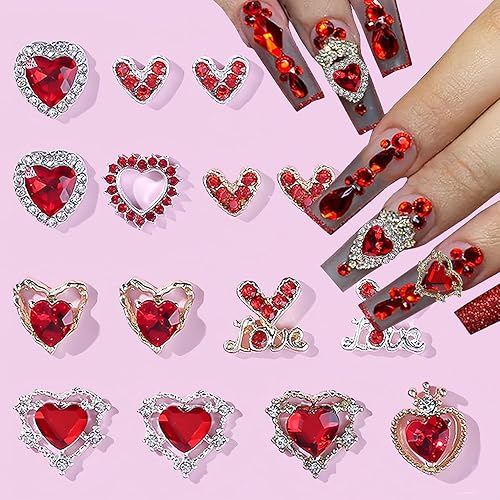 Dijes de uñas para el día de San Valentín para arte de uñas, 15 piezas de dijes de corazón rojo, diamantes de imitación de uñas de corazón 3D,