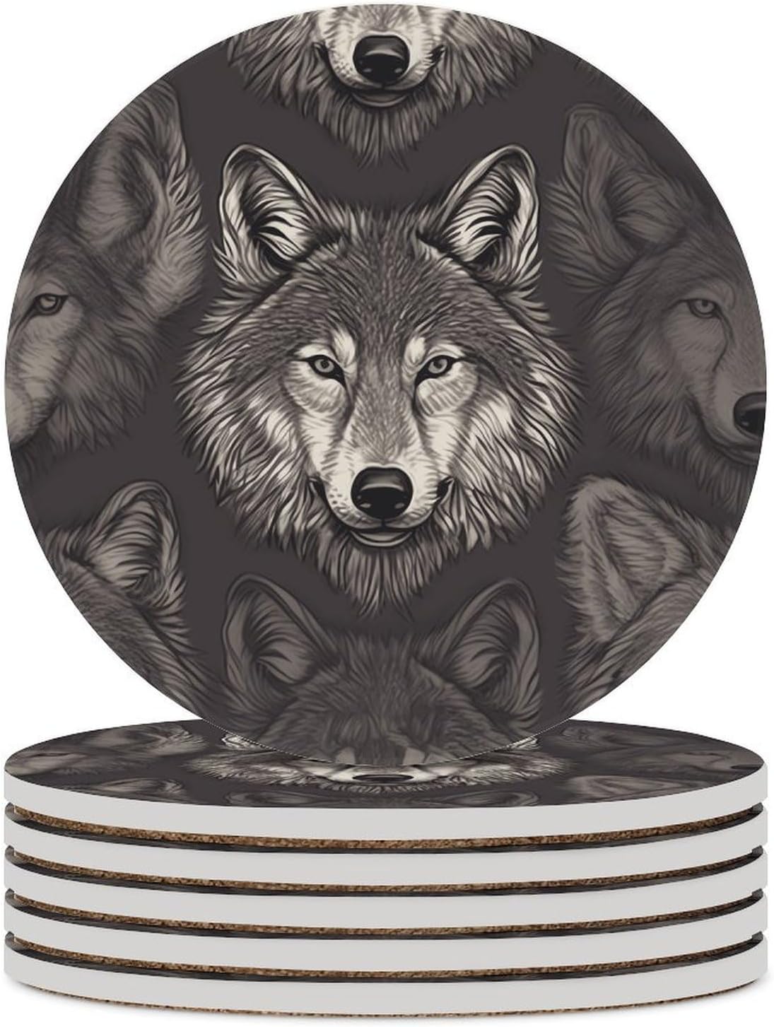 6PCS Wolf Head Pattern Coasters Non-Slip Round Drink Coasters with Ceramic Stone and Cork Base, Heat Resistant Absorbent 33.00Stone Coaster Set for Kinds of Mugs and Cups, 4 Inch