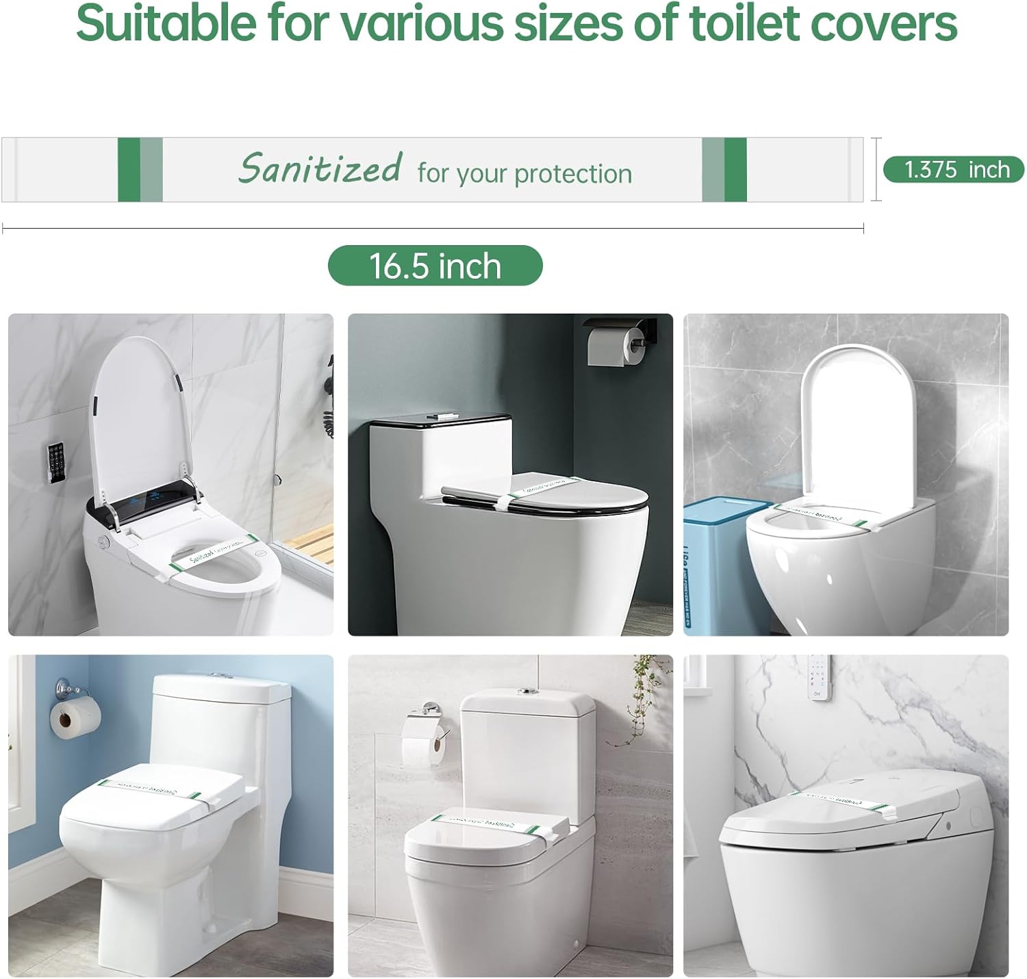 Germiwipe 500Pcs Sanitized Toilet Seat Band,Hotel Essentials, Printed Toilet Strips for Hotels Motels Hospitals (Green/White) TSB-500
