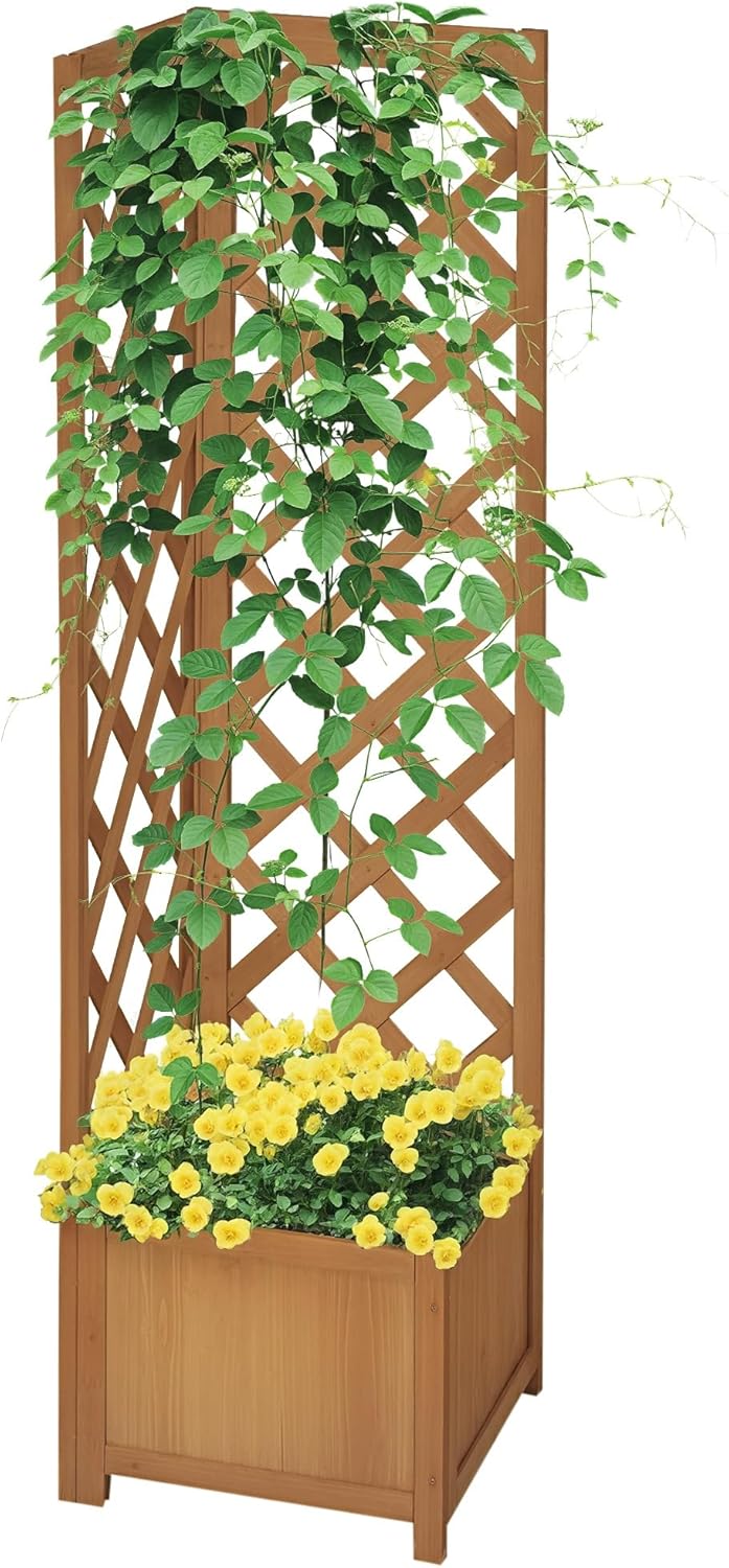 Outsunny Wooden Planter with Corner Trellis, Freestanding Raised Garden Bed with Drainage Bottom, Outdoor Planter Box for Vegetables, Herbs and Flowers, Brown