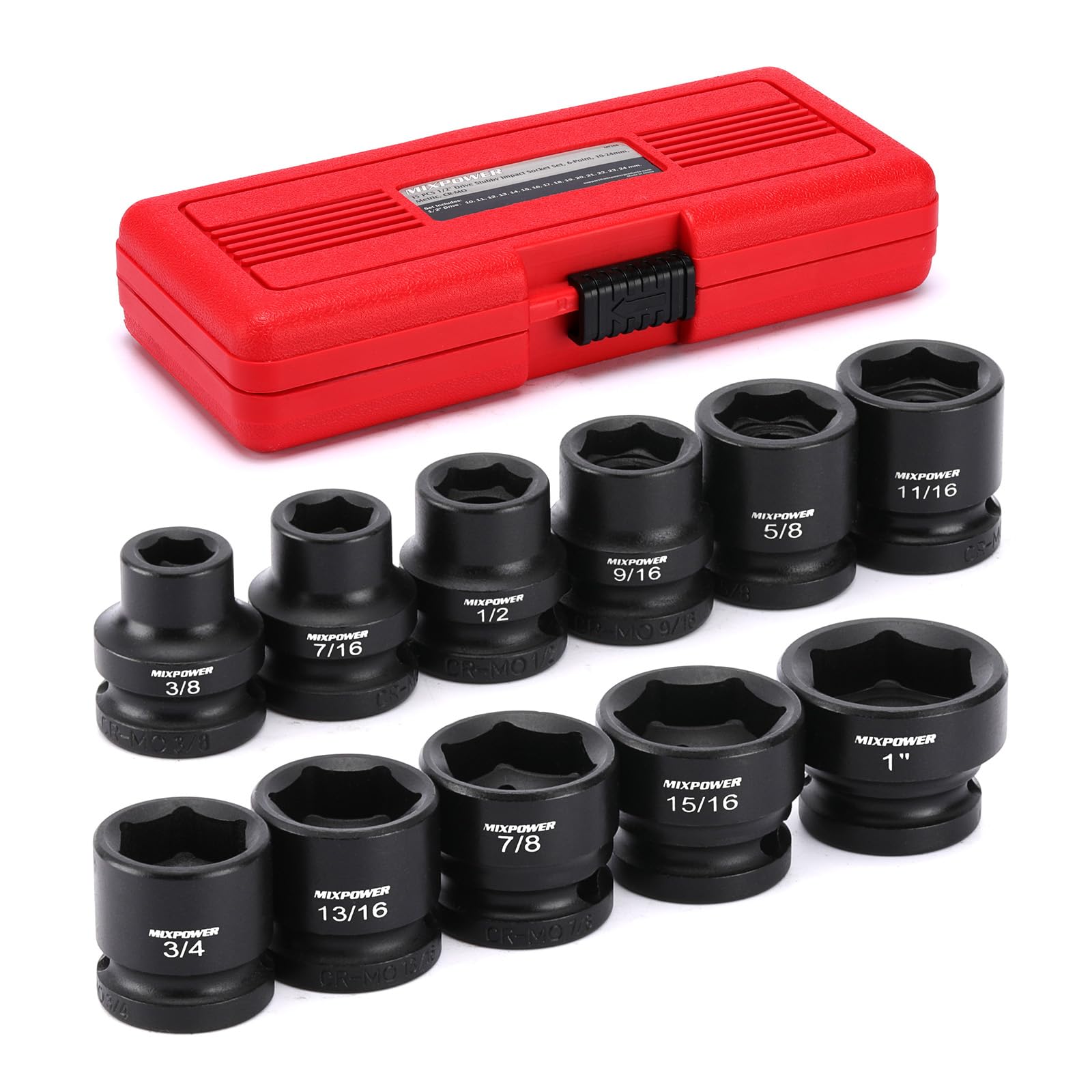 MIXPOWER 11-Piece 1/2" Drive Stubby Impact Socket,CR-MO,3/8"-1",6-Point,SAE,Radius Corner Design, Axle Nut Impact Grade Socket for Easy Removal