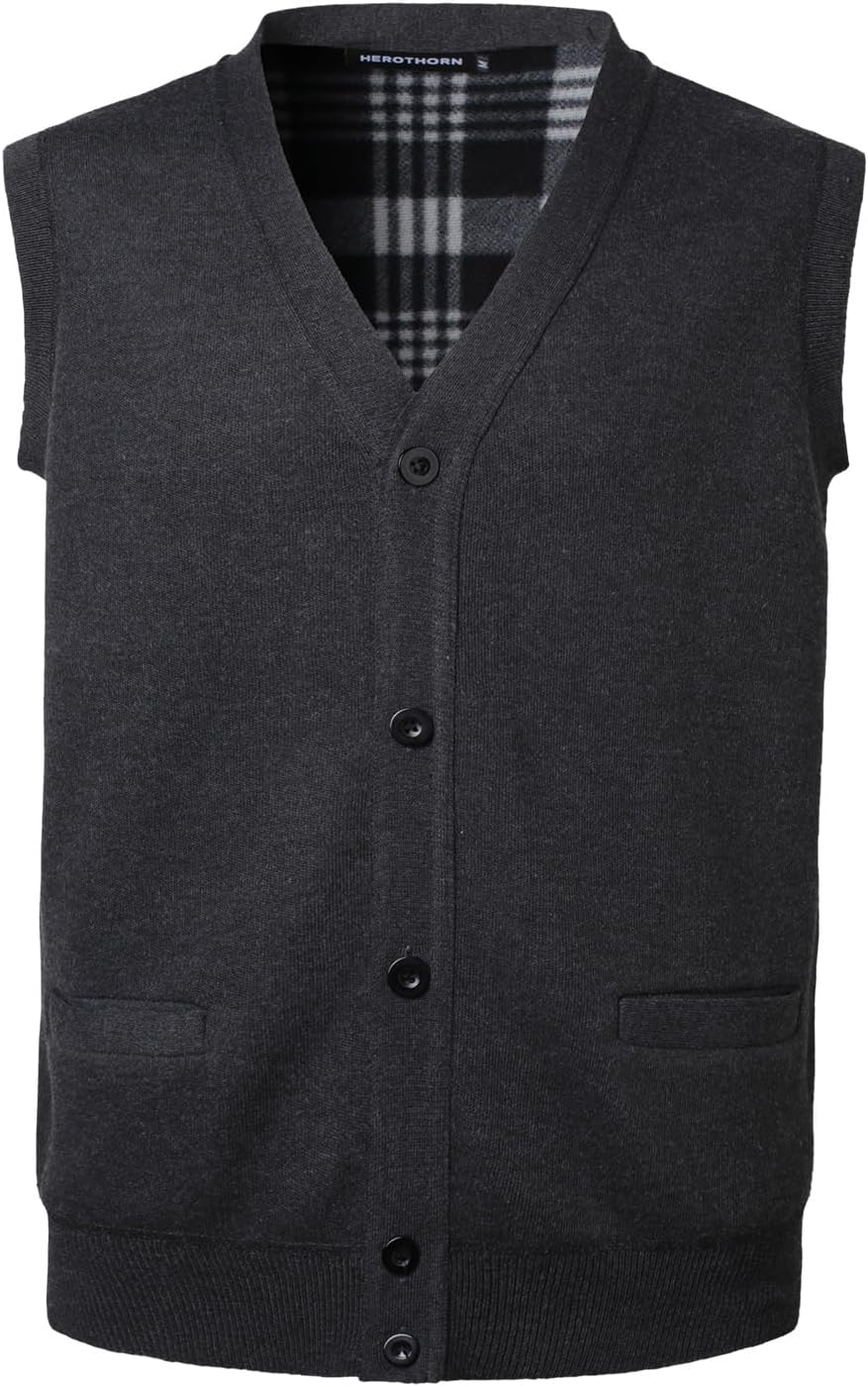 Men's Knitted Sweater Vest Fleece Lined Sleeveless Cardigan V Neck Button Down Knitwear with Pockets for Winter - Image 2