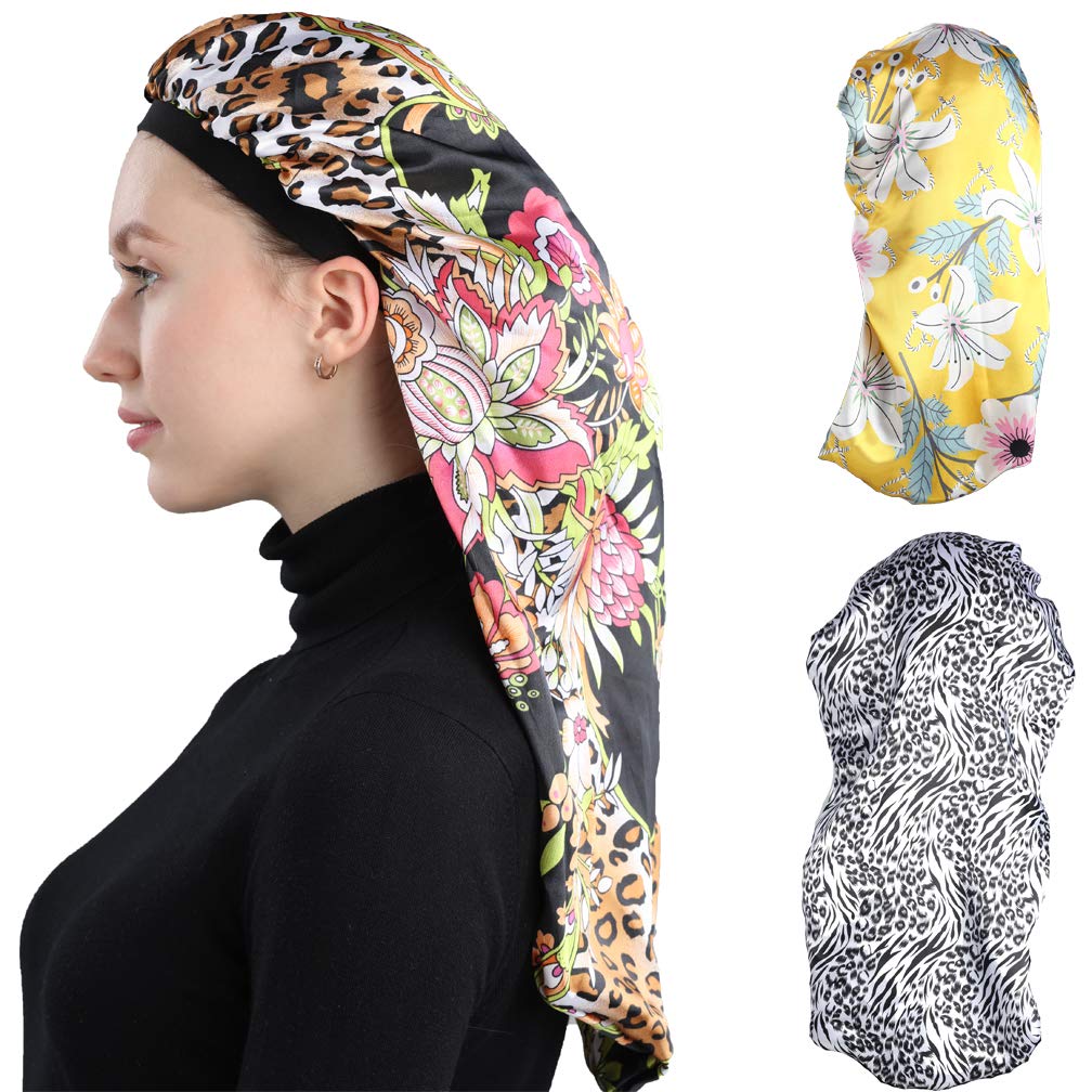 Extra Long Satin Bonnet Night Sleep Caps 3 Packed for Women Long Curly Hair Braids Dreadlocks Covers (A-3 Pack)