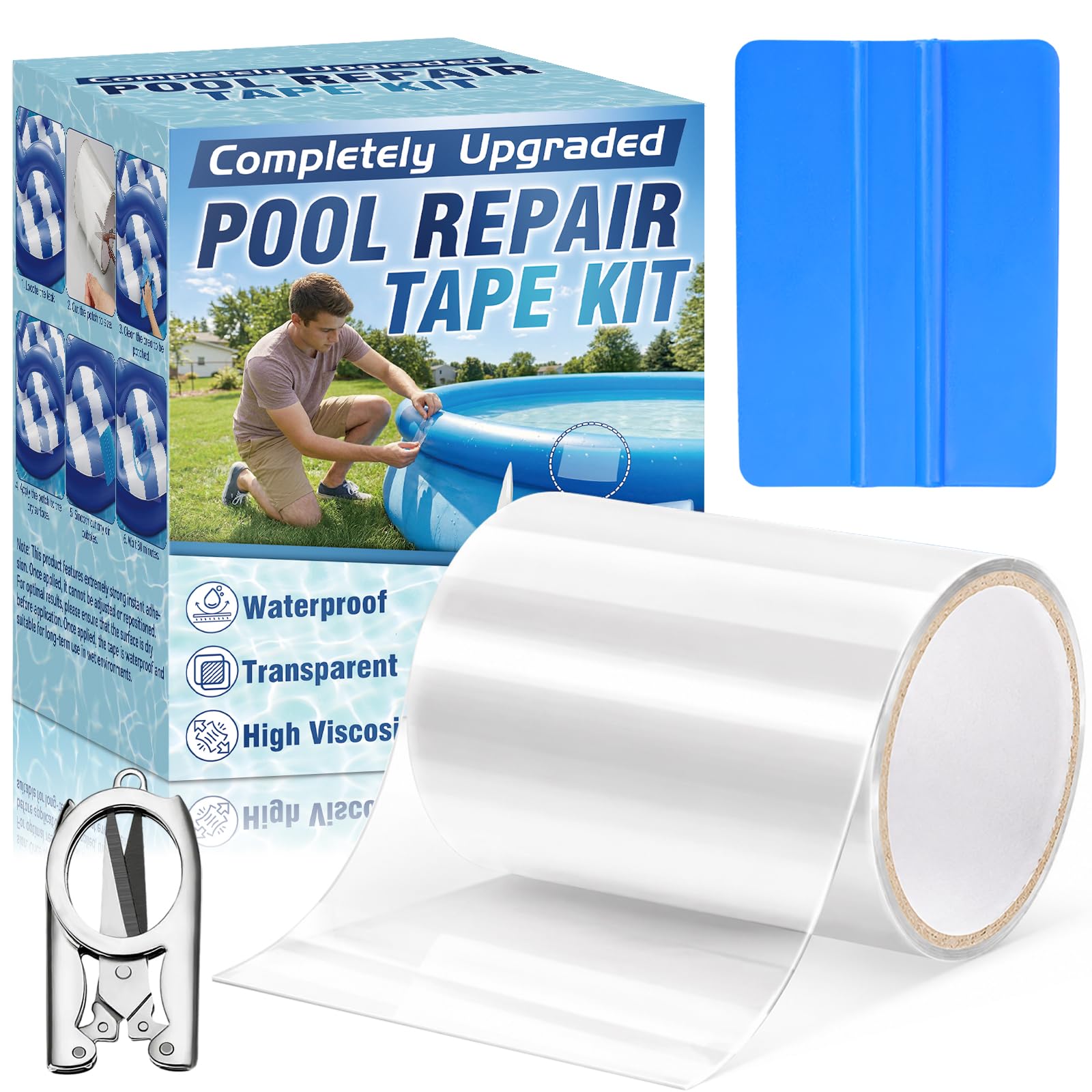 HuakChai Pool Reparaturset wasserdichtes Klebeband für Unterwasser, 10x150cm PVC Pool Flicken selbstklebend Set mit Schere & Rakel, für aufblasbaren Pool, Schlauchboot, Luftmatratze