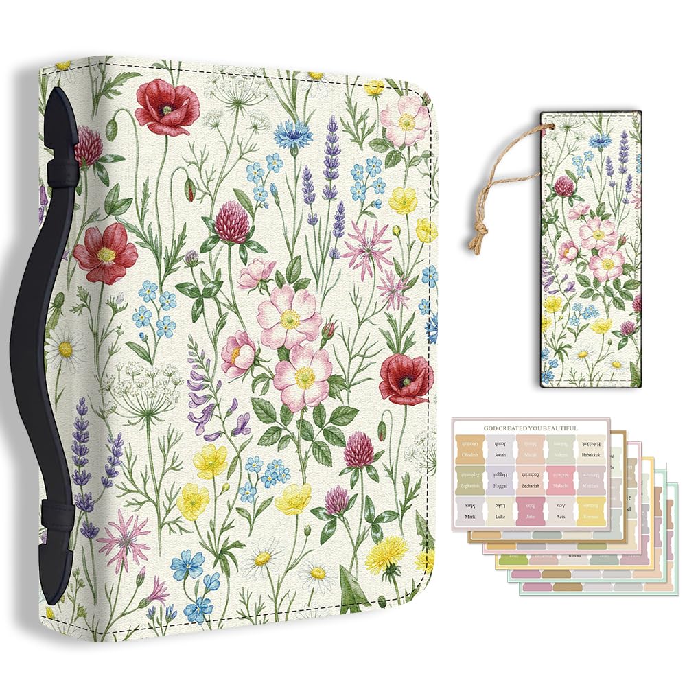 TNKBREEZE Bible Cover Watercolor PU Leather Bible Case with Bookmark Wildflower Bible Note Books Carrying Accessories for Women Men Christian Gift 11.2x8x2.3 In