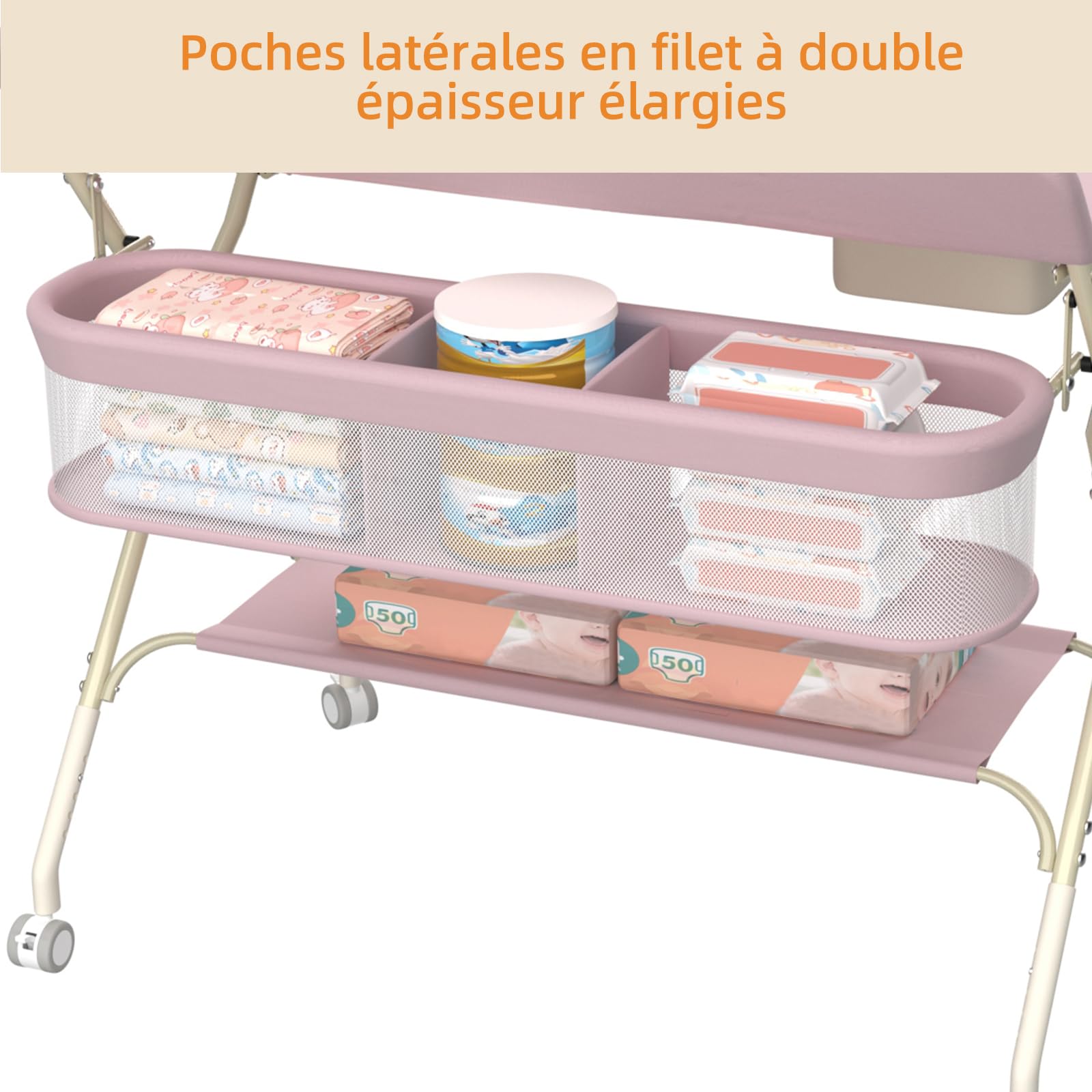 Wickeltisch Mobile – Wickelunterlage für Babys – zusammenklappbar – höhenverstellbar – Aufbewahrungskorb – Regal – Rad abschließbar – 75 x 68 x 83 – 91 cm, Rosa