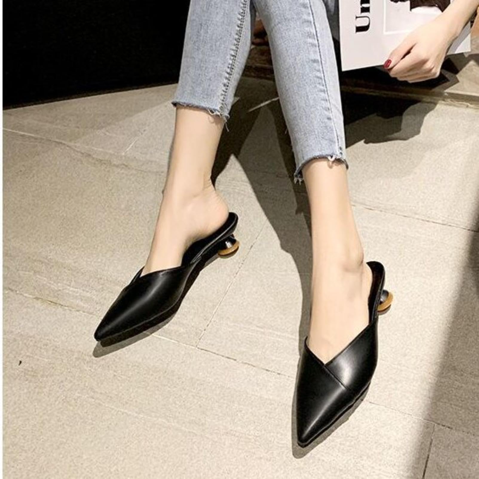 Generico Scarpe da Donna Mule con Slingback E Punta Appuntita | Scarpe Da Vestito Da Ufficio Con Taglio A V, Scivolare Su Sandali Estivi, Tacchi Bassi A Cilindro Sandali Casual
