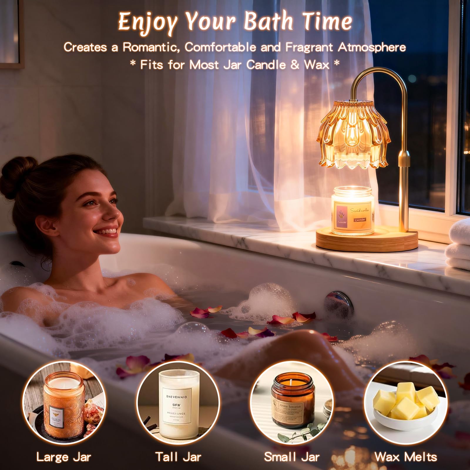 Lámpara Calentadora de Velas, Candle Warmer Lamp con Temporizador y Atenuador, Lámpara Calienta Velas Eléctrico con 2 Bombillas, Vela Lampara Perfumada Altura Ajustable para Hogar Decoración(Ambar)