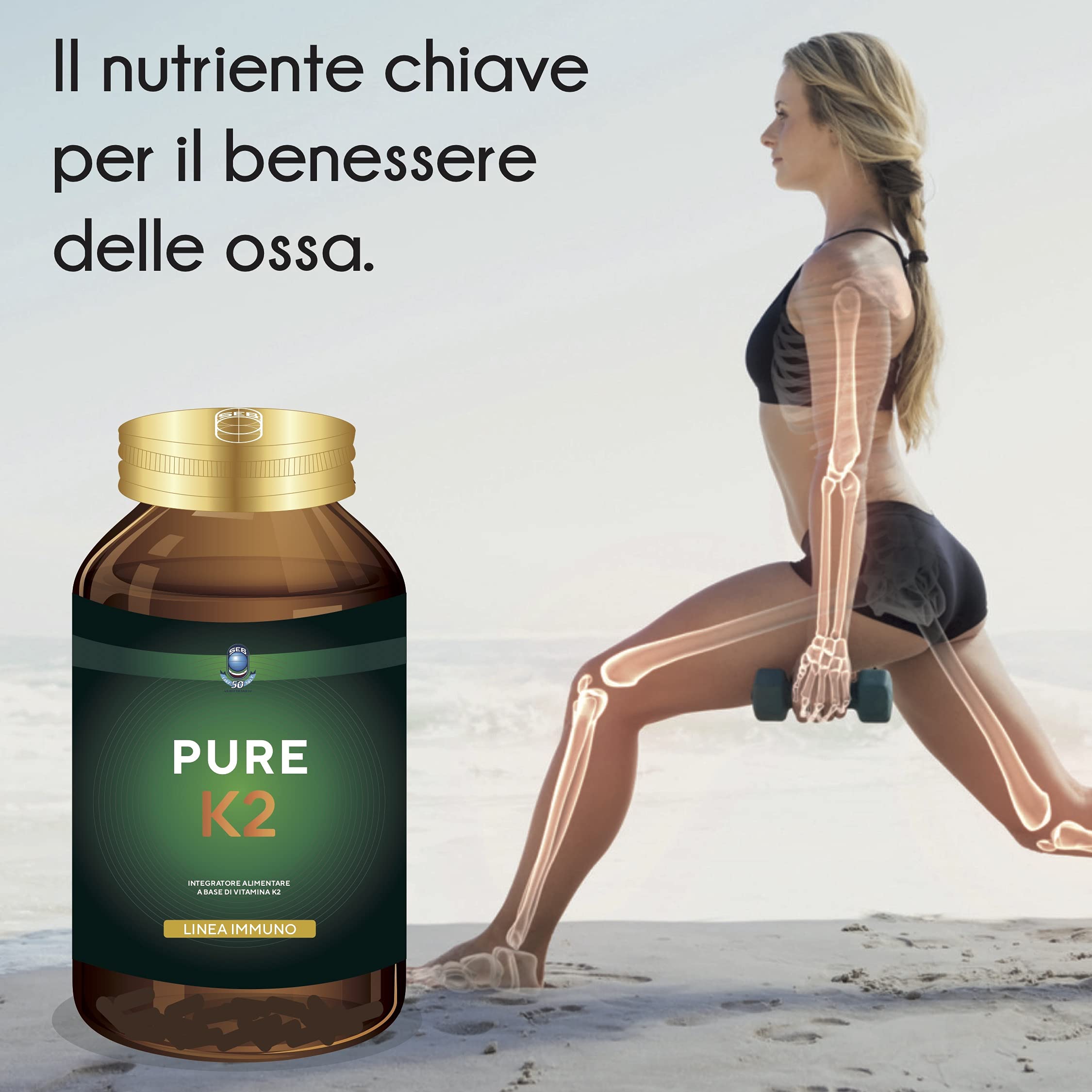SEB - PURE K2 - Integratore alimentare naturale di Vitamina K2 MK7-60 capsule. 100% vegetale, 100 mcg per capsula