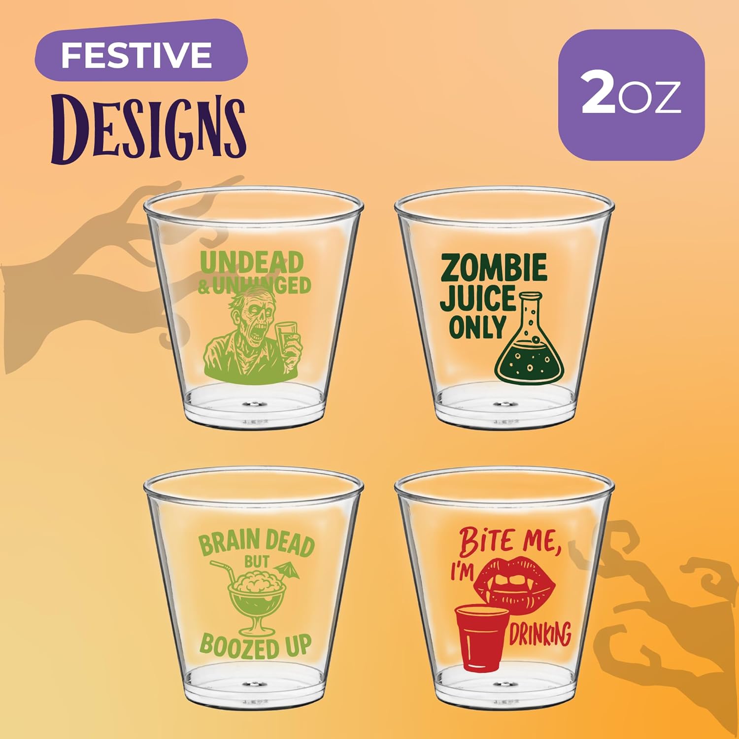 Halloween Shot Glasses Disposable Set of 100, 25 Pcs Each Design, 2oz Each, Plastic Jello Halloween Shot Cups for Zombie Party Drinkware and Decorations - Ideal Horror Glasses For Zombie Decorations - Image 3