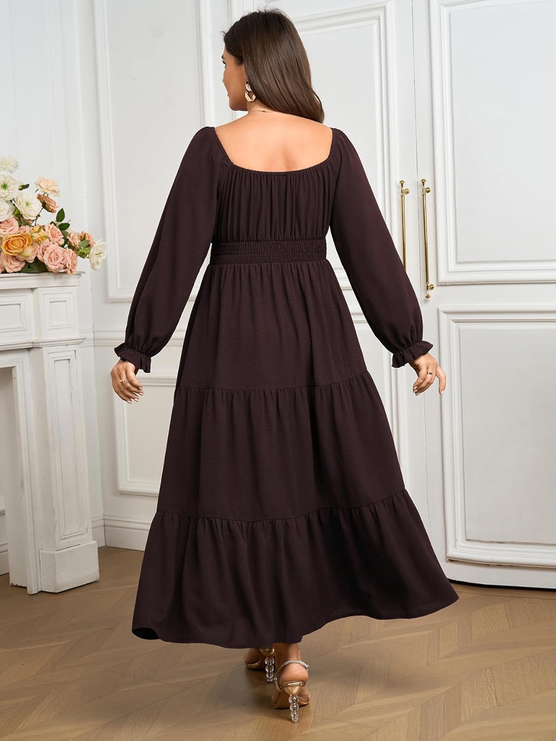 SCOMCHIC Womens Plus Size Formal Dress Fall Long Sleeve Square Neck Flowy A Line Tiered Side Split Wedding Guest Maxi Dress - Image 7