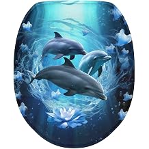 Dolphin Toilet Lid Cover Elongated Floral Fuzzy Toilet Seat Cover Machine Washable Soft Toilet Seat Cover Blue Toilet Seat Cover Bathroom Decor