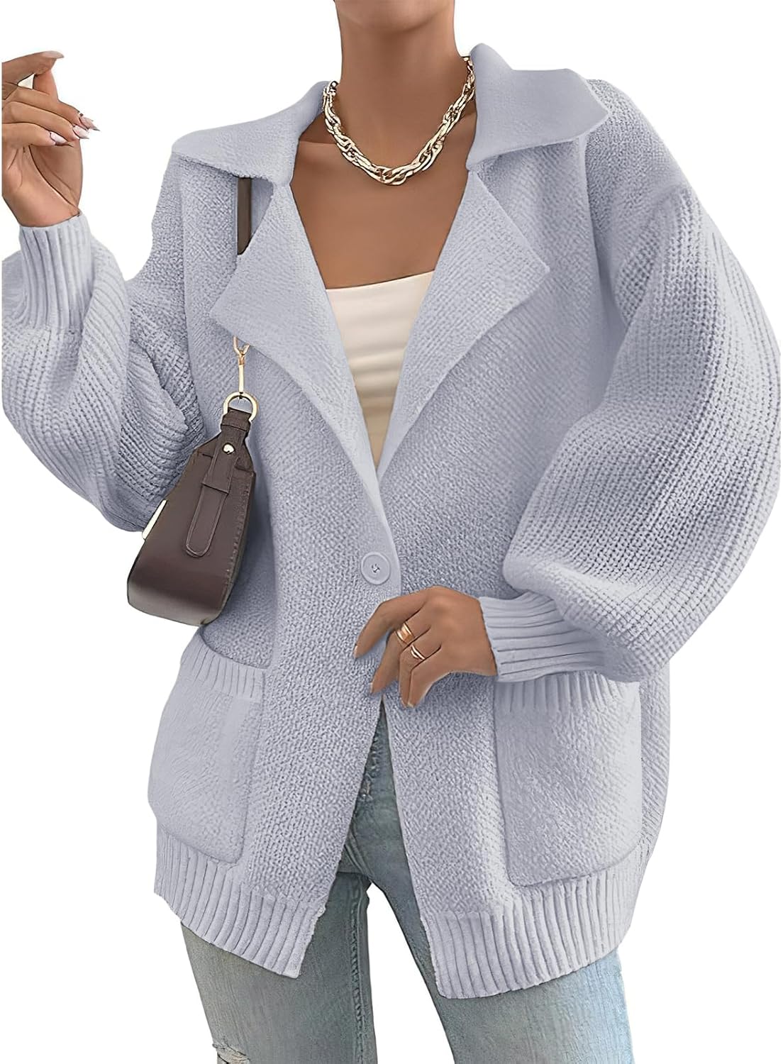 ebossy Women's Trendy Y2K Sweater Long Lantern Sleeve Shawl Lapel Button Baggy Loose Cable Knit Cardigan Outwear