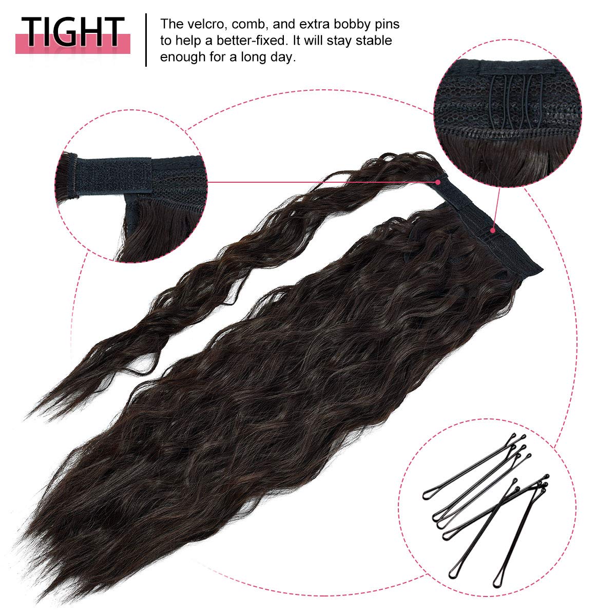 DILUSILK Ponytail Extension Wrap Around 26 Inch Long Curly Wavy Synthetic Hairpiece for Women Darkest Brown
