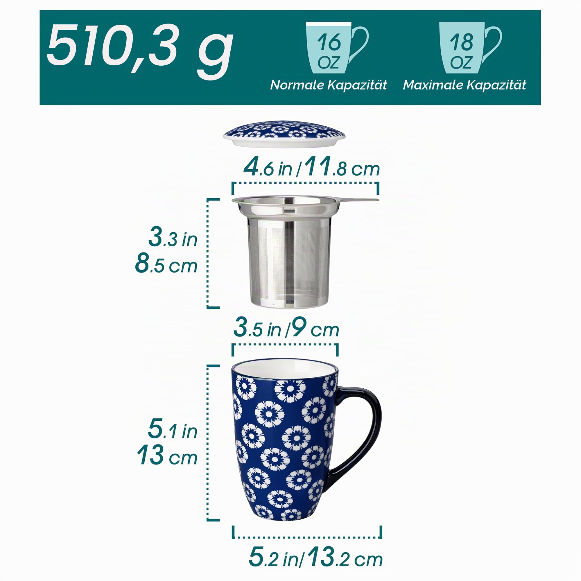 vancasso Teetasse mit Deckel und Sieb, SELENE Teetassen groß porzellan, 540ml Becher Set aus Keramik, Tasse mit Edelstahl Sieb, modernes Teebecher Geschenke Für Teeliebhaber