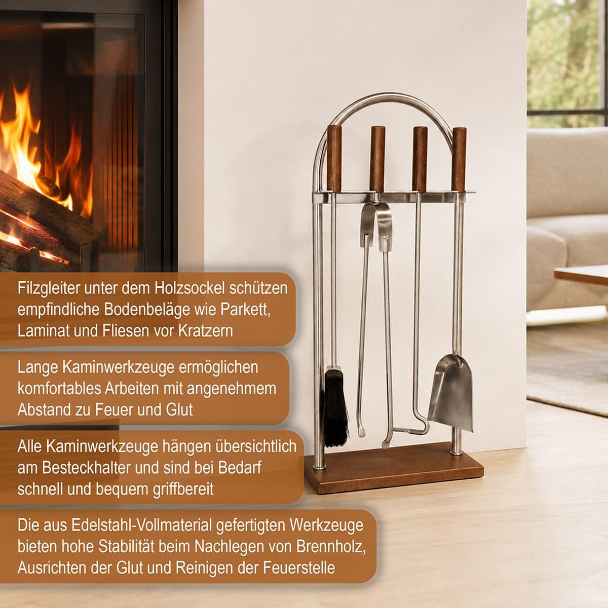 MS Beschläge Kaminbesteck Edelstahl Holz 5-teilig mit Ständer - Kamingarnitur mit Holzgriffen - Kaminwerkzeug Set aus Zange Schürhaken Schaufel & Besen - matt gebürstetes Ofenbesteck für Kaminofen