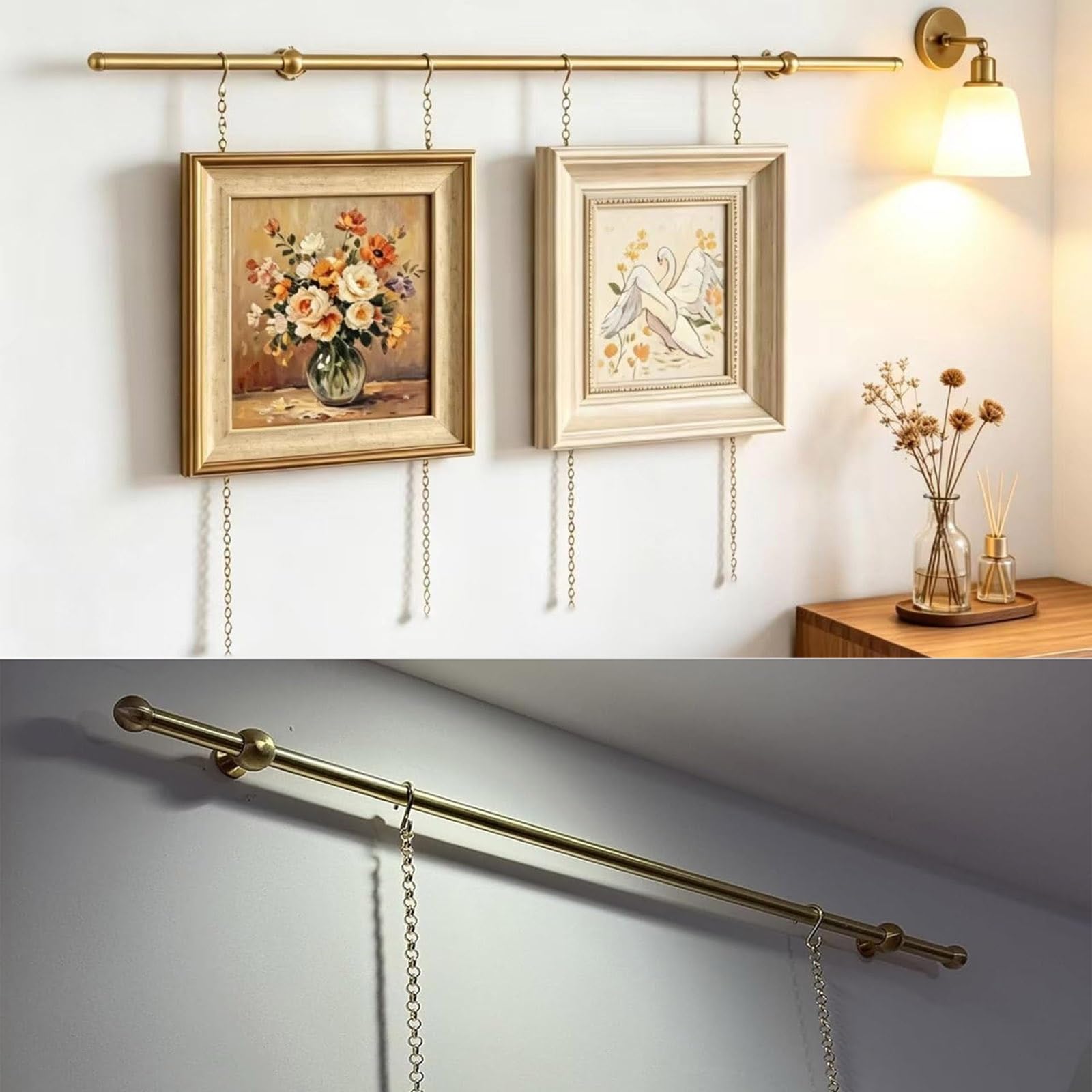 Xxbbyubo Adjustable Picture Hanging System, French Style Picture Rail Hangers Brass Rod, Metal Display Rod Gallery Rail Artwork Hanging Track(90cm)