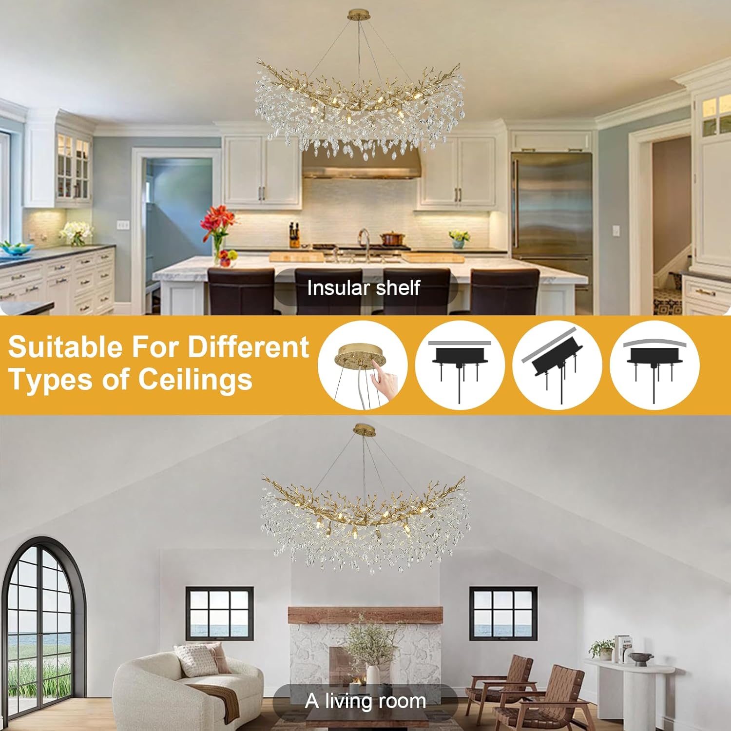 Chandeliers for Dining Room Over Table, 47" Modern Crystal Gold Tree Branche Chandelier, Large Chandelier Crystals for Living Room,High Ceiling,Foyer,Entryway,Kitchen Island,Staircase