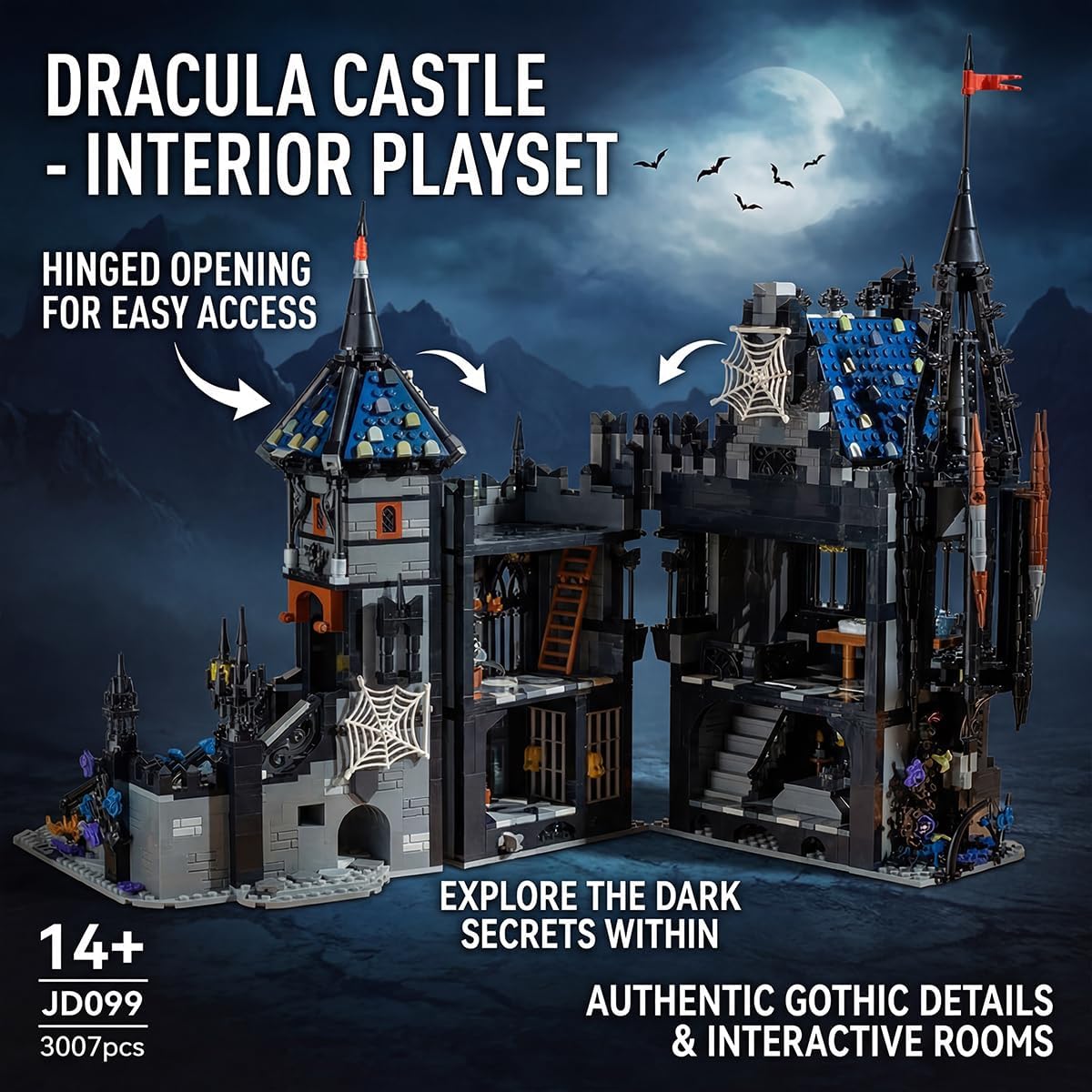 Dracula Castle Building Block Set, 3007PCS Gothic Dark Castle Architecture Kit with Foldable Design,Vampire Castle Model for Adults & Teens 14+, Halloween Decor & Collectible Gift Idea