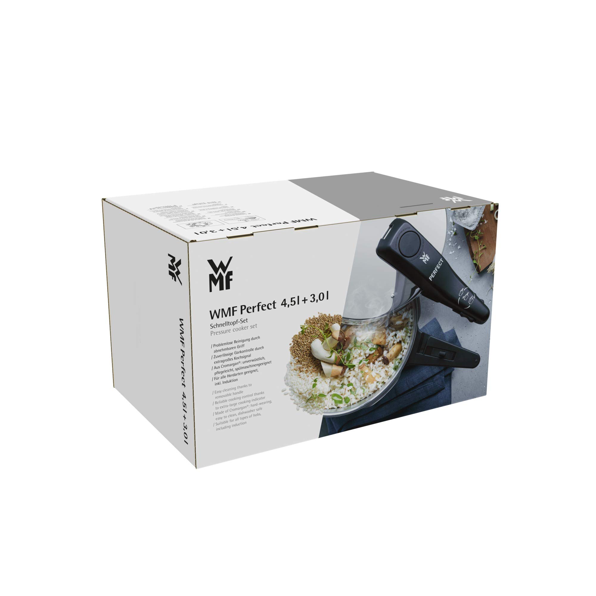WMF Perfect Schnellkochtopf Set Induktion 2-teilig, Dampfkochtopf 4,5l + 3l, Töpfe Set Cromargan Edelstahl poliert, 2 Kochstufen, Einhand-Kochstufenregler