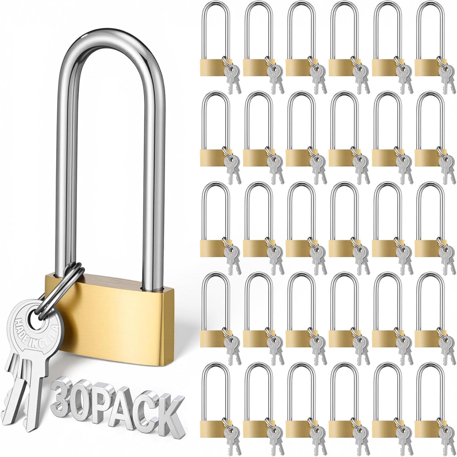 Hicarer 30 Pack Keyed Padlocks Bulk with 2 Keys Solid Brass Keyed Padlock with 1.85 Inch Long Shackle Waterproof Outdoor Padlocks for Storage Unit, Locker, Toolbox, Gate, Shed