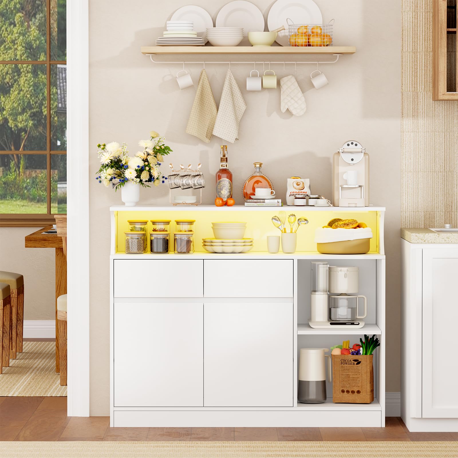 BEWISHOME Credenza cucina, mobile buffet, armadio domestico con multipresa e striscia luminosa a LED, piano di lavoro e 2 cassetti, ripiani regolabili, cucina, soggiorno, 100x80x35 cm, Bianco