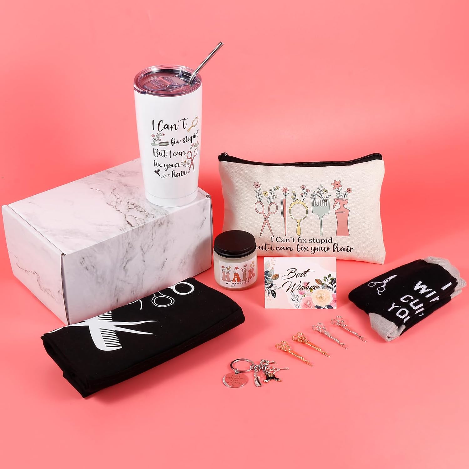 10 Pieces Hairdresser Gifts Set for Women Hair Stylist Appreciation Gift Christmas Gifts Set with Tumbler,Socks,Makeup Bag,Keychain,Candle,Scissor Hair Clips,Apron,Greeting Card (Tumbler Style-2)