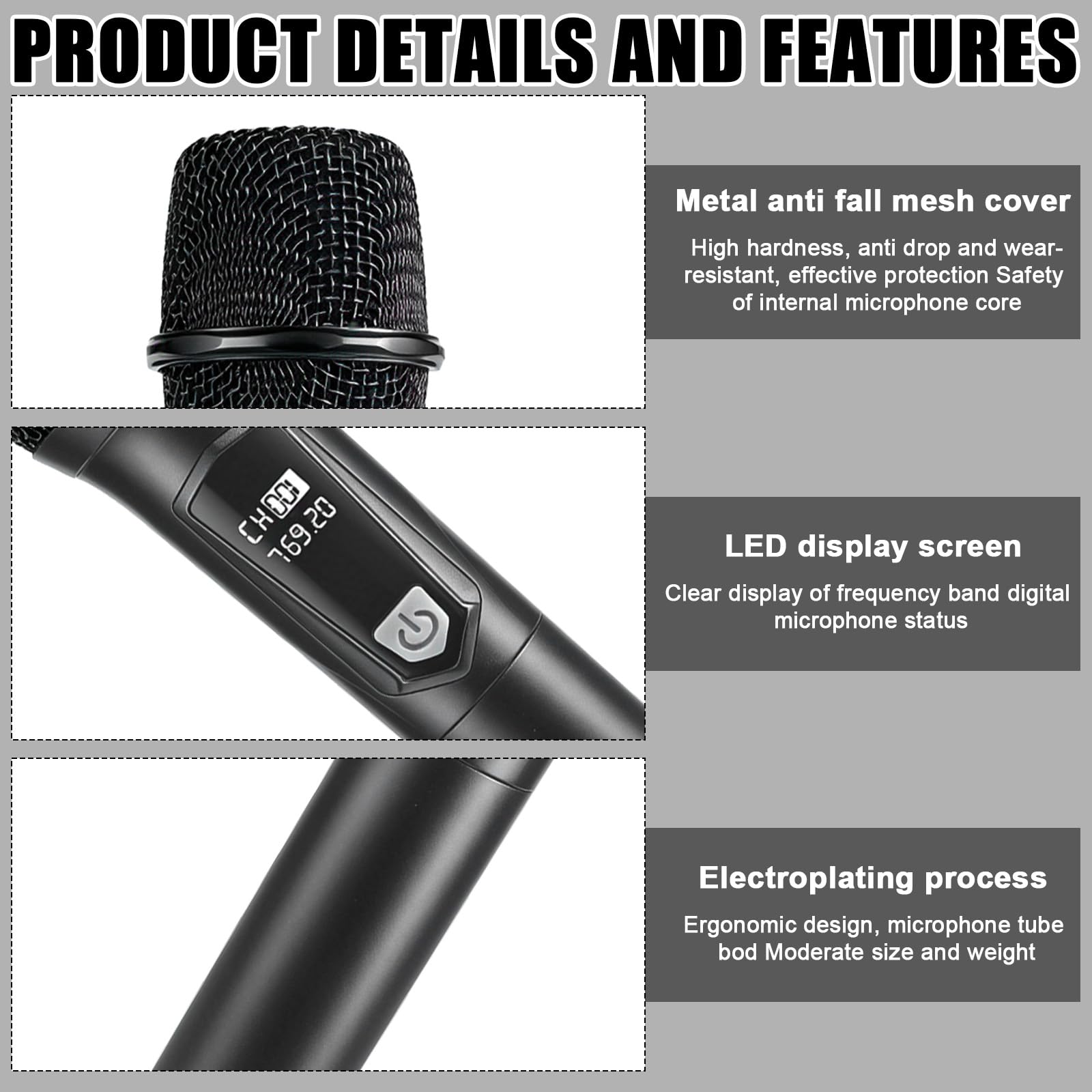 Set microfono senza fili, doppio microfono, microfono a mano, ricaricabile, dinamico con ricevitore, portata di ricezione 20 m, microfono karaoke, microfono per palcoscenico, conferenza, KTV a casa
