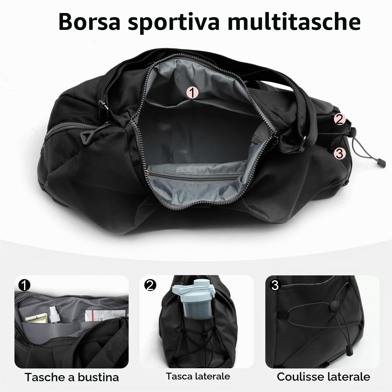 Borsa Palestra Donna con Diseño Plisado Piccola, Elegante Borsa Sportivo con Scomparto per Scarpe, Borsone Piscina con Tasca Bagnata, Gym Duffel Bag per Fitness Viaggio, Nero