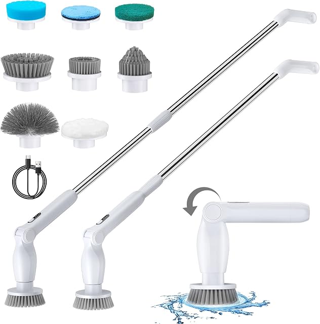 Leebein Electric Spin Scrubber, 2023 Cordless Cleaning Brush with Long Handle and 8 Replaceable Brush Heads, 2 Rotating Speed Shower Scrubber for Bathroom Tub, Floor, Tile, Kitchen, Car Wash (White)