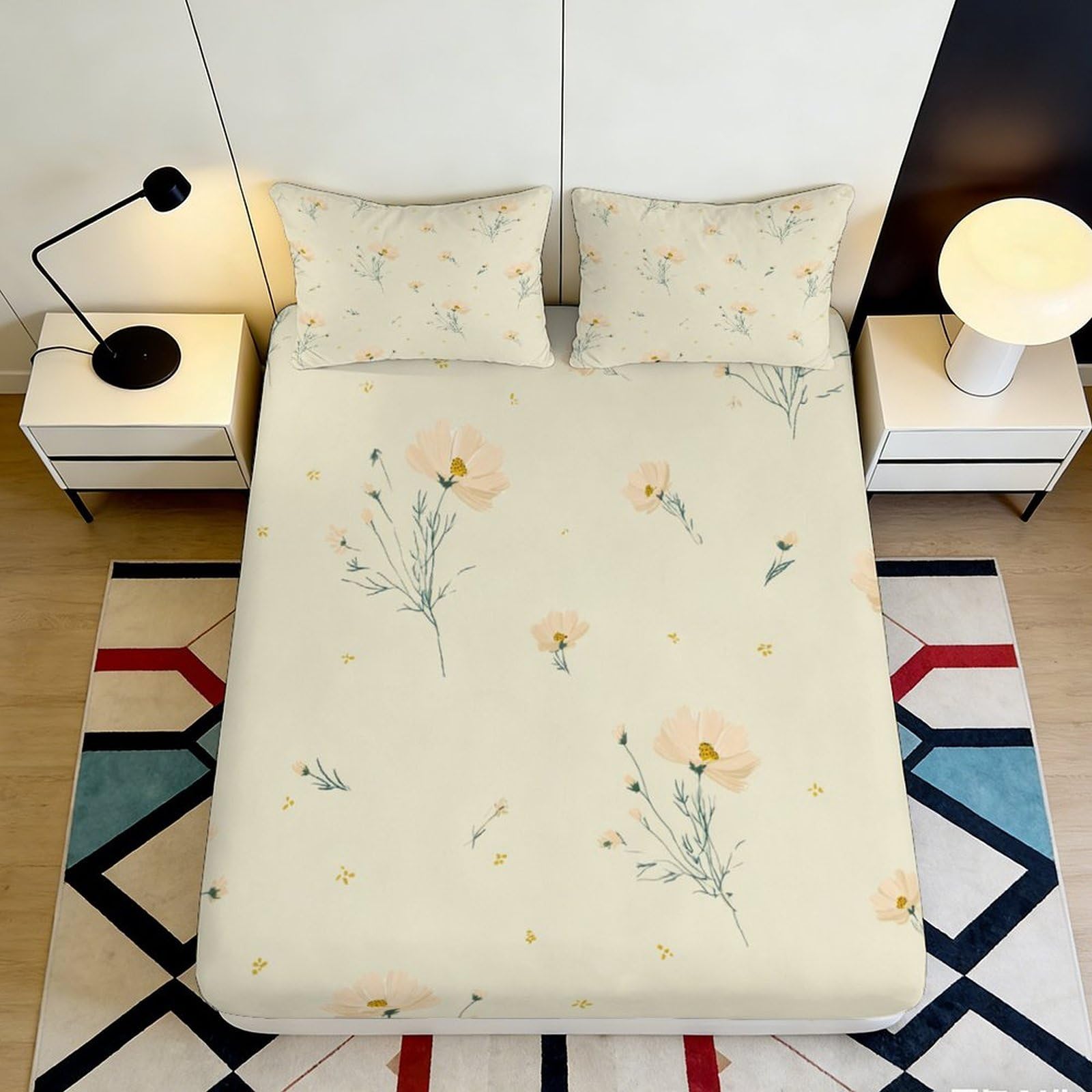 3D Printed Wildflower Garden Fitted Sheet Microfiber Soft Breathable Daisy Meadow Mattress Cover for Bedroom Decor 90x200x25cm