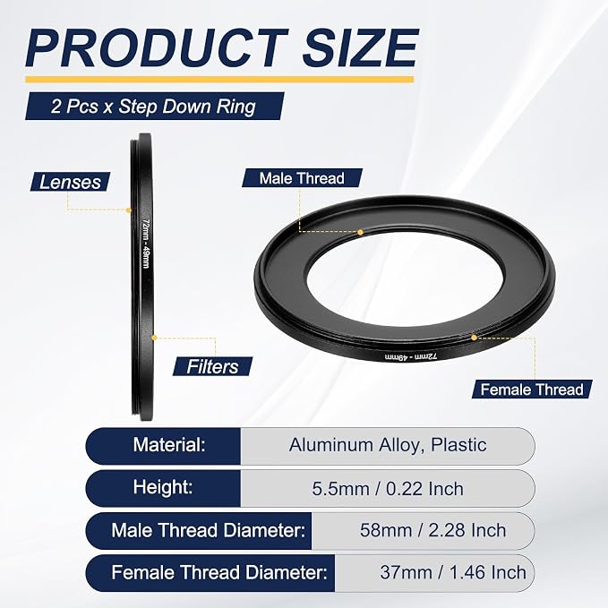 Adaptador de anillo reductora 72mm a 49mm, 2 piezas miniatura 2
