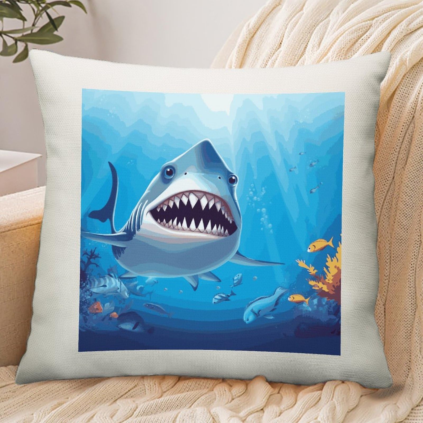 Adfgyerh Style Smiling Shark Pillow Cover Breathable,Pillowcases Boho Decorative Envelope Closure,Throw Pillow Covers For Beach,Patio,Balcony,Couch Living Room 18 * 18In