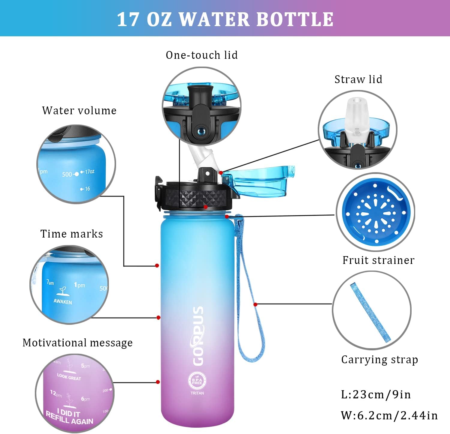 GOPPUS 500ml/17oz Kids Water Bottles with Straw Tritan Childrens Bottle with Flip Top Lid BPA Free Measured Drinks Bottle with Strap Sports Reusable Time Markings Leakproof (Blue Purple) - Image 5