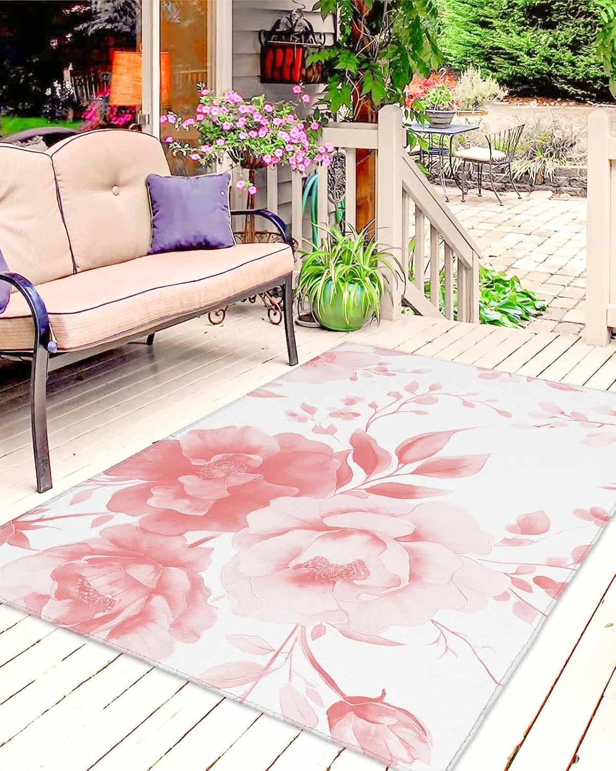 Outdoor Rug 4x6 ft Pink Floral Outdoor Large Area Rug Non Slip Rubber Elegant Watercolor Flower Front Door Mat RV Rug Camping Carpet Patio Outdoor Rugs for Backyard Balcony Deck Porch Indoor Outside