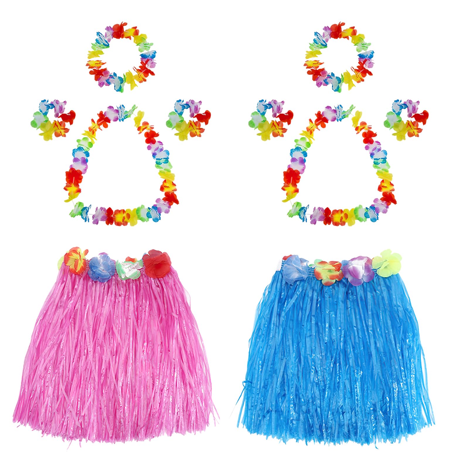 Toyhood 10Pcs Hawaiian Hula Grass Skirt Set, 2 Set Hawaiian Fancy Dress Grass Skirts with Flowers Garlands Bracelet Headband Necklace Colorful Set, for Summer Beach Tropical Luau Party Decorations