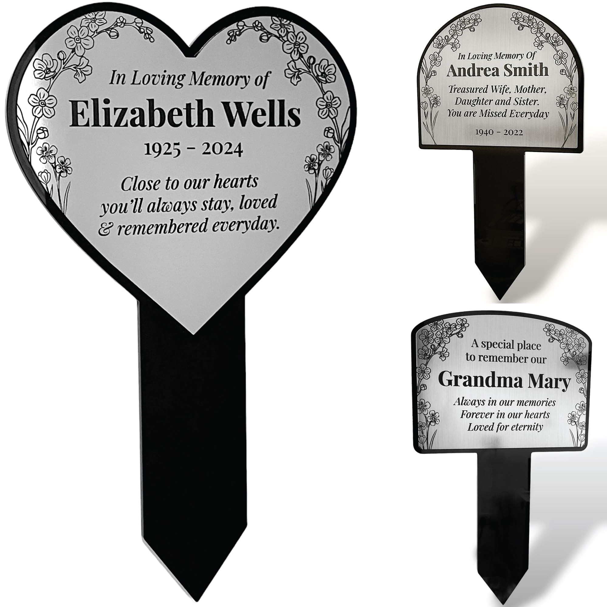 Outdoor Personalised Garden Memorial Stake Plaque - Forget-me-not flower design - Send us your text and we will design for you! (Medium Heart Silver)