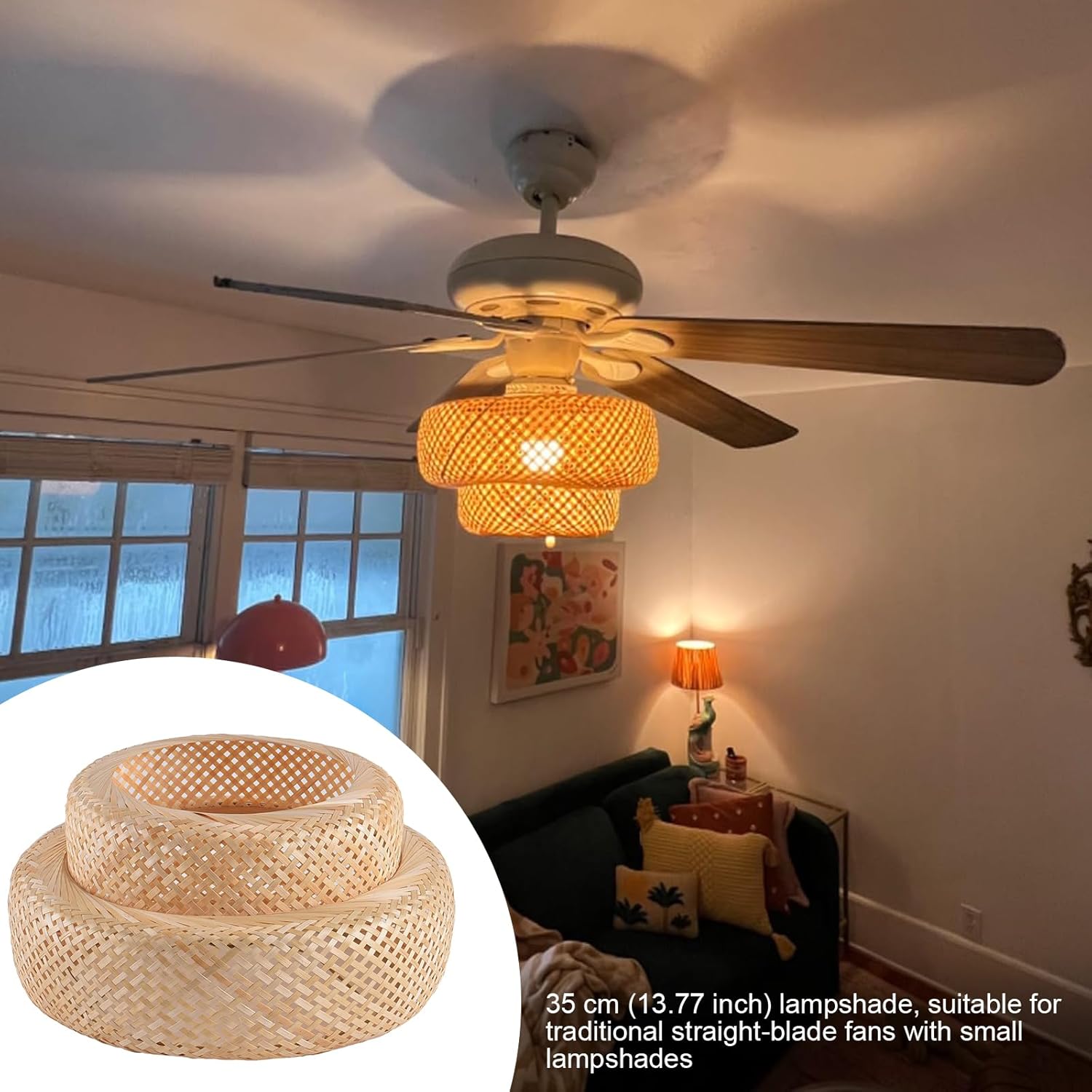 Bamboo Lamp Shade,Hand-Woven Bamboo Rattan Hanging Light Shade,13.77" Rattan Chandelier Shade for Dining Living Bedroom Kitchen Farmhouse 1-Pack
