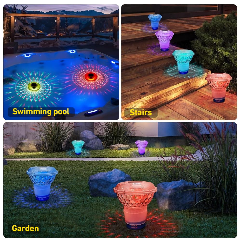 Flotador dosificador para piscina, flotante para tabletas de cloro, dosificador para piscina con iluminación LED solar, liberación ajustable y fácil apertura, luz RGB para piscina, lámpara