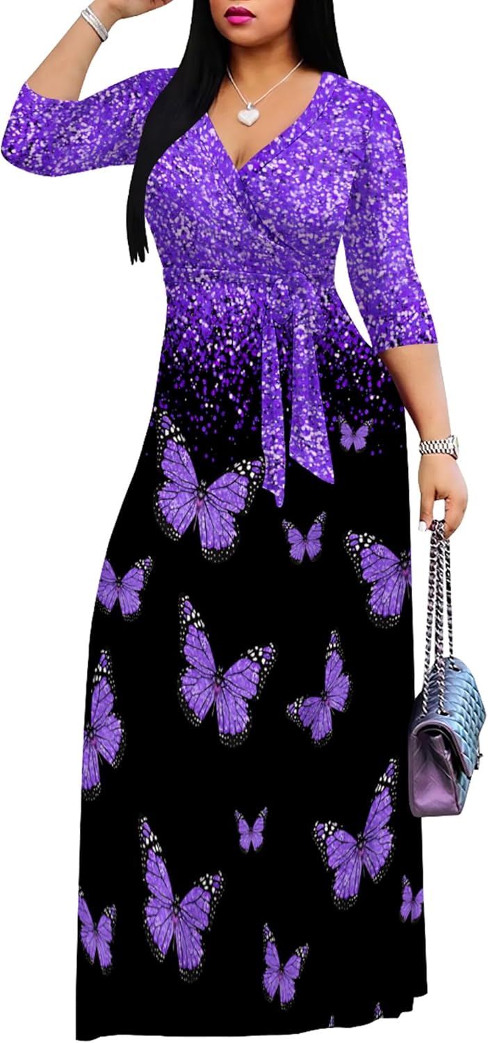 Plus Size Dresses for Women Print Maxi Dresses Flowy 3/4 Sleeve with Belt - Image 2