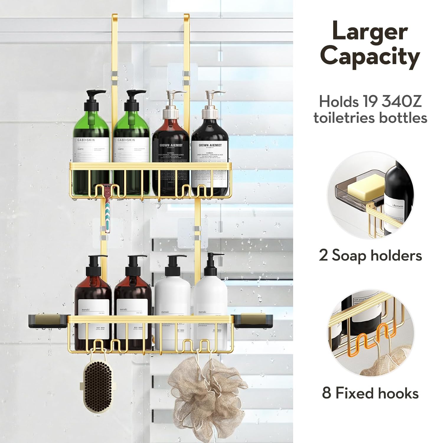 Over the Door Shower Caddy Hanging With Double Soap Holder Never Rust Hanging Shower Caddy With 4 Hooks Hanging Bathroom Organizer No Drilling Shelves for Bathroom Storage Gold