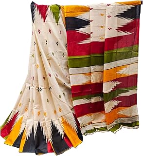 radha lakshmi Handicrafts Women's Hand Block Print Pure Soft Cotton Mulmul Saree White Multi Colour with Blouse Piece (ikkat JPS Green Red Black)-picture-40