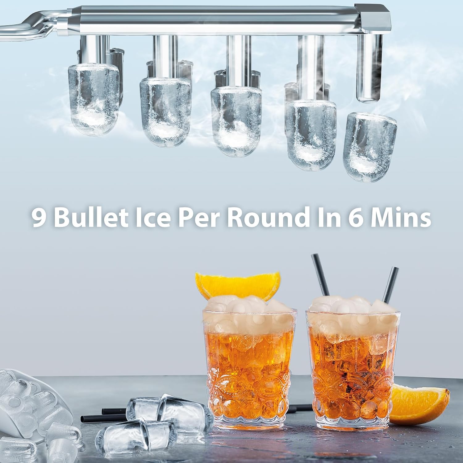 WAA Ice Makers Countertop, Portable Ice Maker Machine with Handle, Self-Cleaning with Basket and Scoop, 9 Bullet Ice Cubes in 6 Mins, 26lbs in 24Hrs for Home, Kitchen, Bar(Stainless Steel, Black)