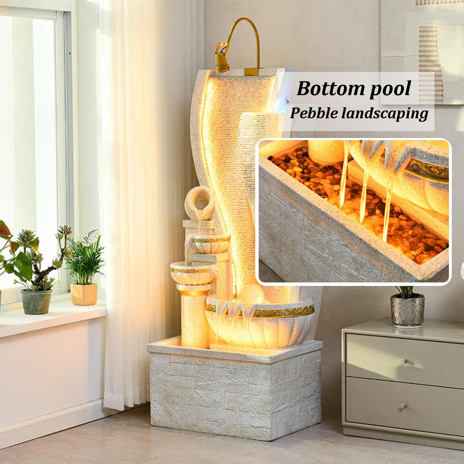 Fuente de agua para jardín al aire libre con luces LED, cascada moderna cascada de resina, decoración de lujo para patio y porche